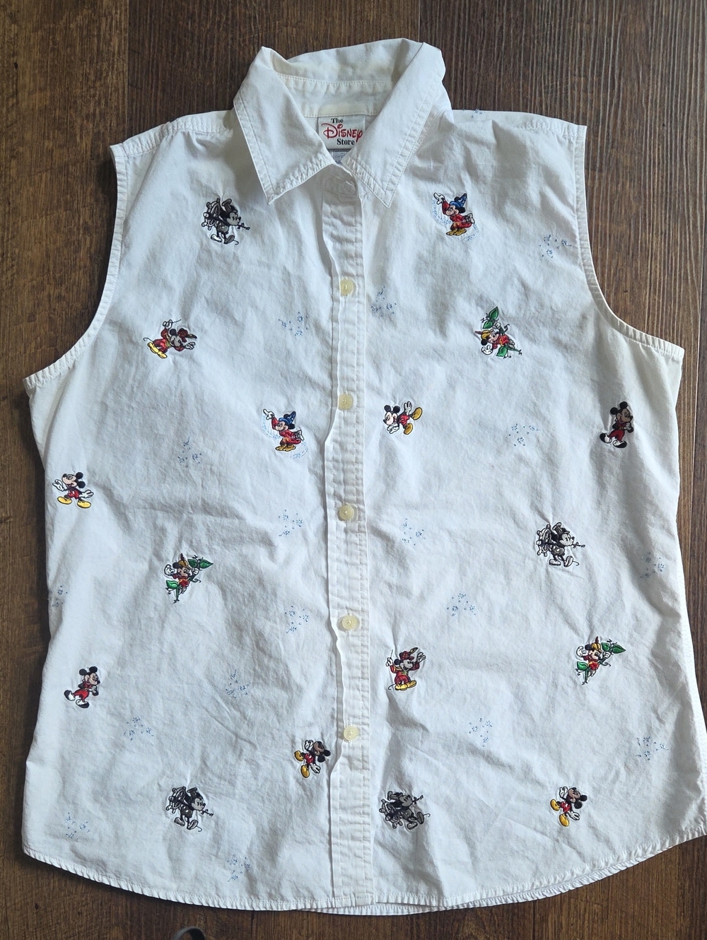 Disney Sleeveless Button-Up Shirt in White with Mickey Print